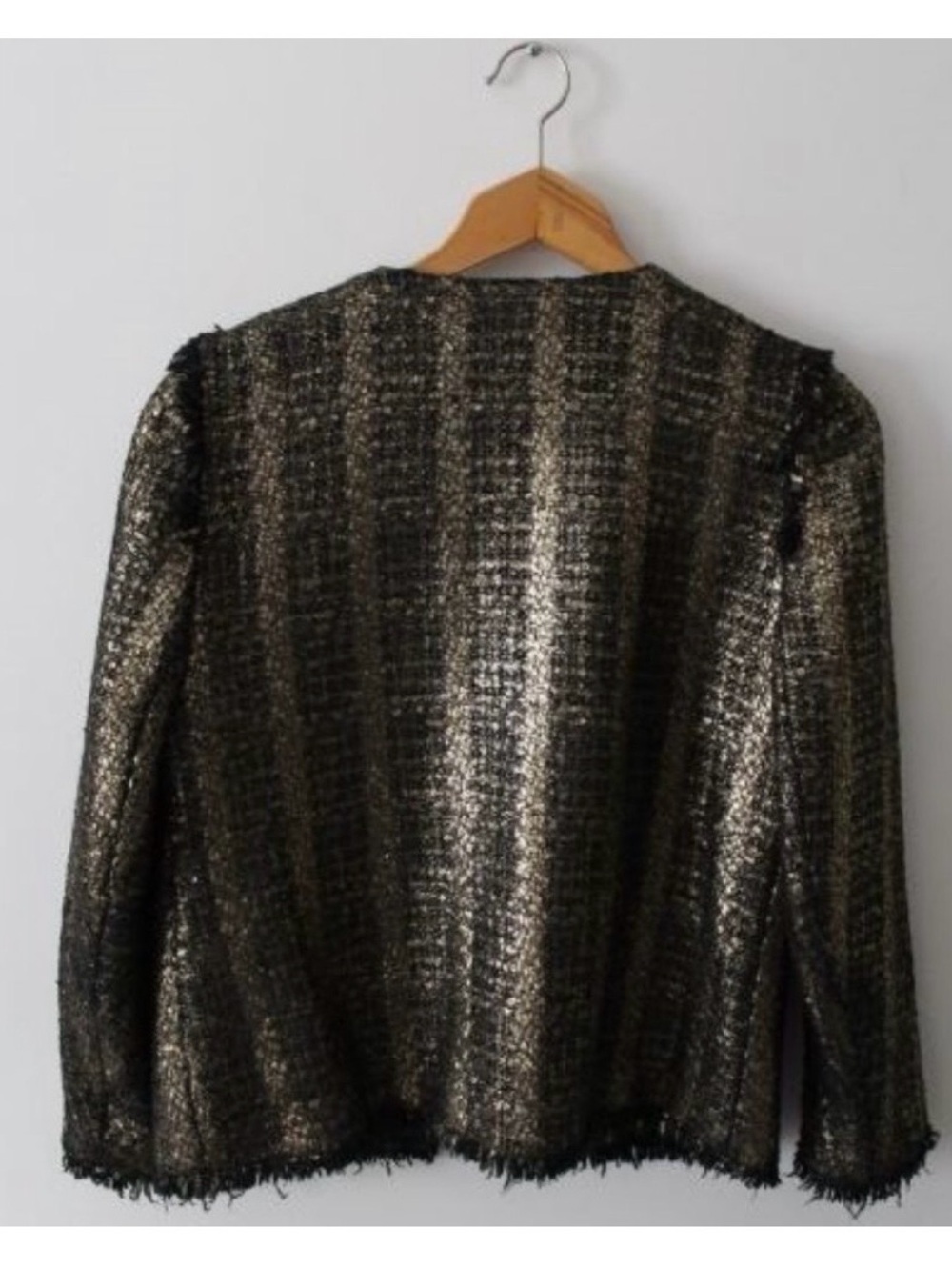 Sandro Tweed Metallic Gold Fringe Blazer Size 40/ Large - Picture 2 of 5